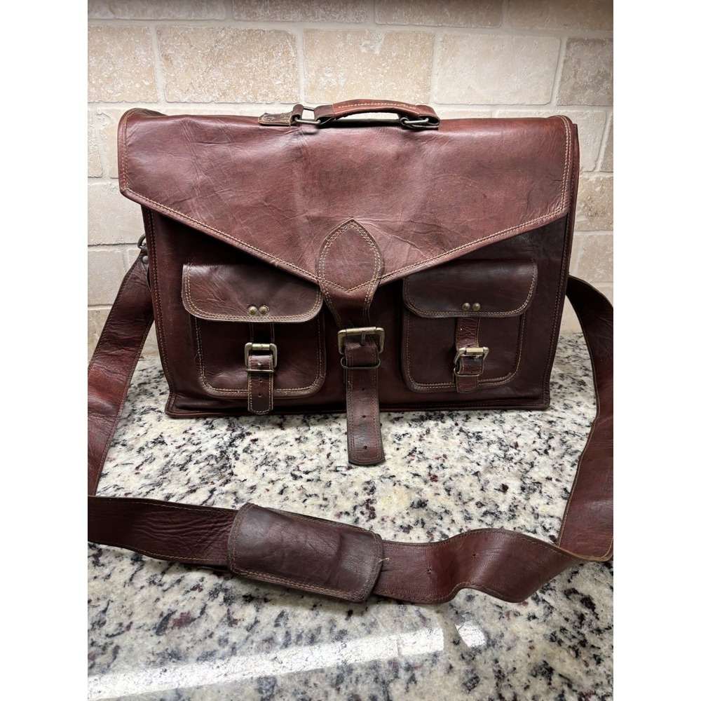 Vintage Brown Leather Messenger Bag Satchel Shoulder Strap  15x13x5 inch